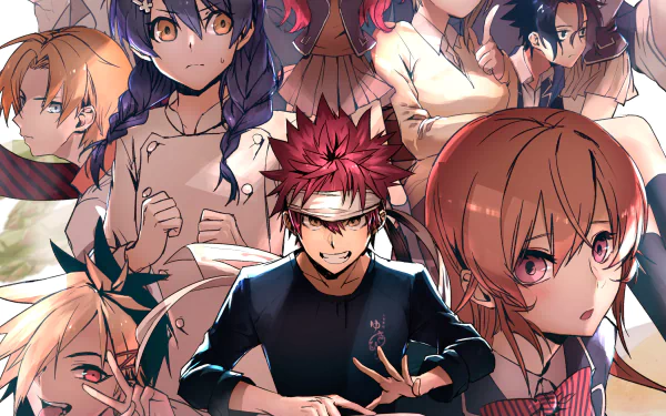 4K Ultra HD Food Wars: Shokugeki no Soma anime wallpaper featuring Rindō Kobayashi, Megumi Tadokoro, Takumi Aldini, Erina Nakiri, Alice Nakiri, Ryō Kurokiba, Terunori Kuga, and Sōma Yukihira.