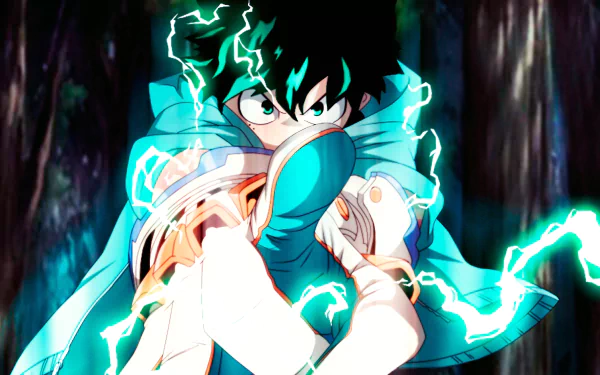 HD desktop wallpaper of Izuku Midoriya from My Hero Academia, featuring his green hair and eyes, charged with electrifying energy amidst a dark forest background.