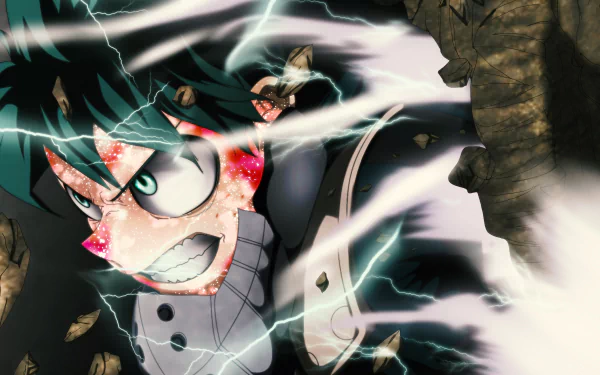 HD desktop wallpaper featuring Izuku Midoriya from My Hero Academia, showcasing his green hair and eyes with a determined expression, surrounded by electricity and debris.