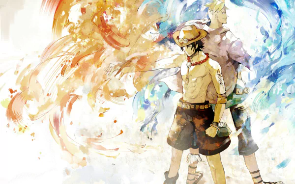 A vibrant 4K Ultra HD anime wallpaper featuring One Piece pirates Marco and Portgas D. Ace surrounded by dynamic fire and water elements.