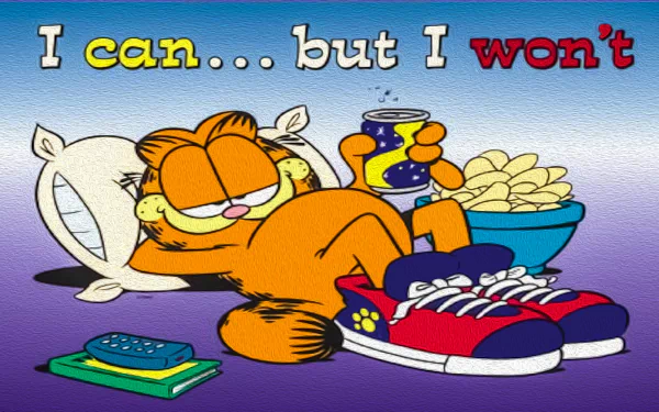 Cartoon-style 4K Ultra HD PC wallpaper featuring Garfield reclining with chips and a drink, captioned I can... but I won’t in colorful comic text.