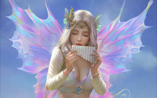 flute white hair wings fantasy fairy HD Desktop Wallpaper | Background Image