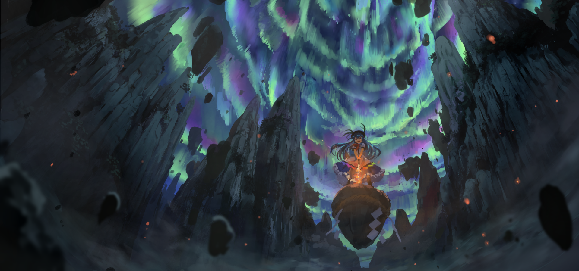 Tenshi Hinanawi (Touhou) anime HD PC desktop wallpaper — Tenshi levitates above a glowing orb among jagged rock spires beneath a swirling aurora-like sky.