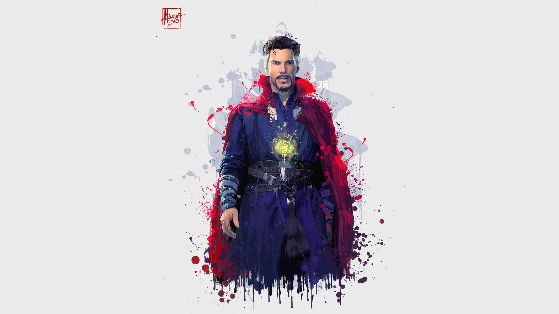 A HD desktop wallpaper featuring Benedict Cumberbatch as Doctor Strange from the movie Avengers: Infinity War, with a striking artistic design.