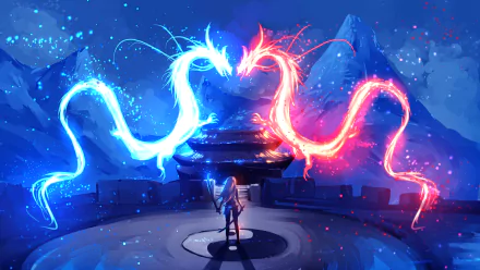 A woman warrior with a sword stands in an oriental fantasy night scene, facing two glowing dragons—one blue, one red—forming a heart shape in the sky.