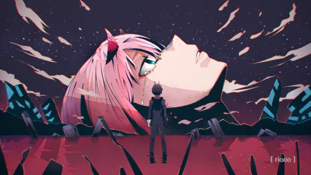 HD desktop wallpaper featuring a scene inspired by End of Evangelion with characters Hiro and Zero Two from Darling in the FranXX. Hiro stands before a gigantic, ethereal head of Zero Two amidst a surreal landscape.