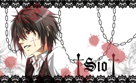 HD PC desktop wallpaper of Rook (UTAU) — anime-style Utau character with dark tousled hair, red eyes, facial cross scar, chains, lace border and red splatters, Sio logo.