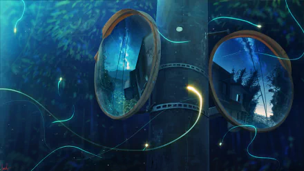 Anime-style 4K UHD desktop wallpaper depicting a night scene reflected in two curved mirrors mounted on a pole, surrounded by deep blue foliage and glowing light trails.