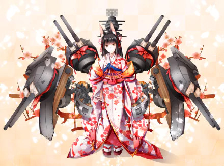 HD PC desktop wallpaper featuring Nagato from Azur Lane in detailed anime style, wearing a floral kimono with large ship artillery on her back.