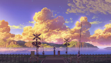 An HD anime-style wallpaper depicting a stunning sunset by the sea, with a railroad crossing in the foreground and dramatic clouds in the sky, creating a serene and picturesque scenery.