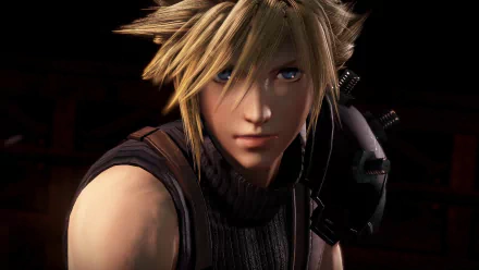 Close-up of video game character Cloud Strife from Dissidia Final Fantasy NT, HD PC desktop wallpaper/background showing his spiky blond hair, blue eyes, and SOLDIER-style armor.