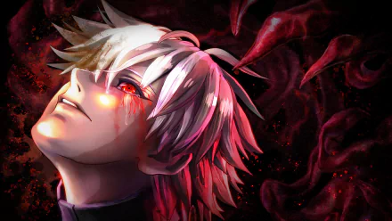 4K Ultra HD desktop wallpaper of Ken Kaneki/Haise Sasaki from the video game Tokyo Ghoul:re Call to Exist — white-haired figure, glowing red eye, blood-like kagune tendrils on dark background.