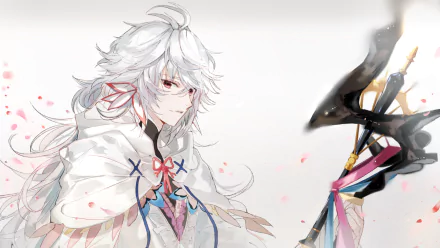 HD PC desktop wallpaper featuring Merlin from Fate/Grand Order with long white hair, intricate anime-style details, and a soft, ethereal background.