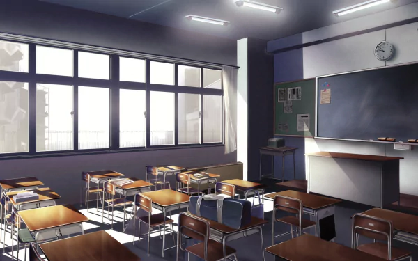 Anime Original HD PC desktop wallpaper/background: empty sunlit classroom with rows of desks and chairs, chalkboard at the front, a lone bag on a desk by large windows.