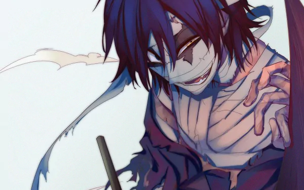 Anime-style 4K Ultra HD wallpaper featuring Zack from Angels of Death with dark hair, stitched face, and a gripping, intense expression.