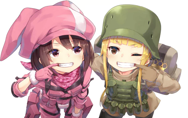 HD anime desktop wallpaper featuring Fukaziroh and LLENN from Sword Art Online Alternative: Gun Gale Online in their distinctive pink and green outfits.