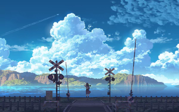 HD anime wallpaper of a serene railroad crossing by the water, with a backdrop of lush hills and towering clouds.