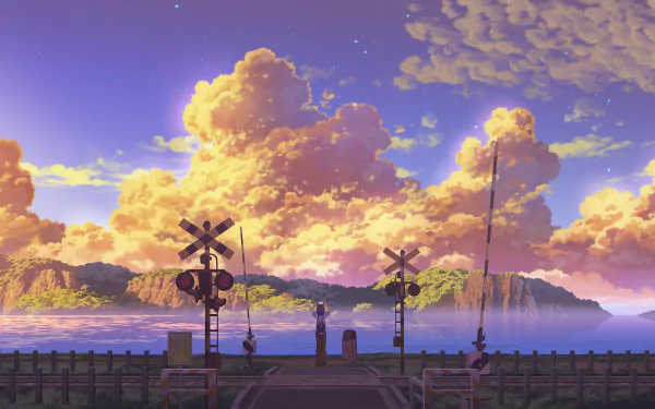 An HD anime-style wallpaper depicting a stunning sunset by the sea, with a railroad crossing in the foreground and dramatic clouds in the sky, creating a serene and picturesque scenery.