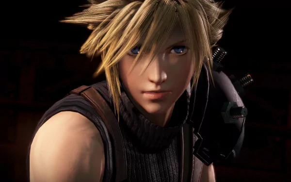 Close-up of video game character Cloud Strife from Dissidia Final Fantasy NT, HD PC desktop wallpaper/background showing his spiky blond hair, blue eyes, and SOLDIER-style armor.