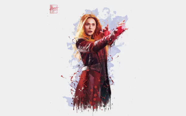 HD desktop wallpaper featuring Elizabeth Olsen as Scarlet Witch from Avengers: Infinity War, showcasing a vibrant and intense portrayal of the character in red and black attire.