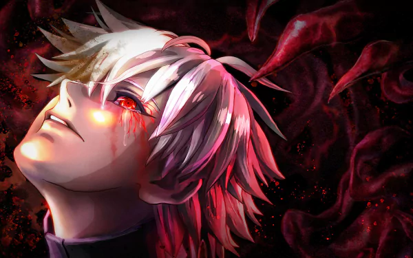 4K Ultra HD desktop wallpaper of Ken Kaneki/Haise Sasaki from the video game Tokyo Ghoul:re Call to Exist — white-haired figure, glowing red eye, blood-like kagune tendrils on dark background.