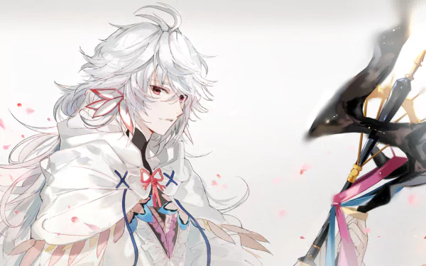 HD PC desktop wallpaper featuring Merlin from Fate/Grand Order with long white hair, intricate anime-style details, and a soft, ethereal background.
