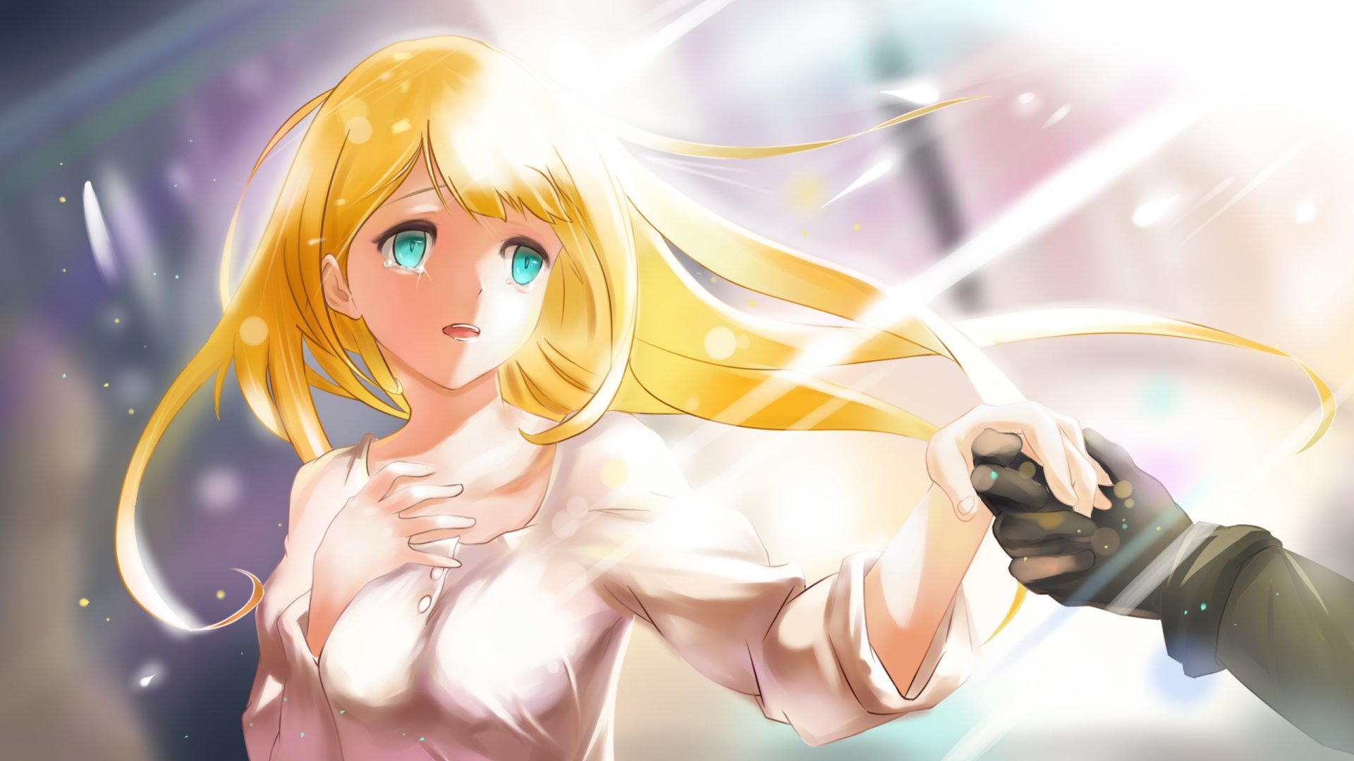 HD anime desktop wallpaper featuring Tsuareninya Veyron from Overlord, with flowing blonde hair and a gentle expression as she reaches out while holding a hand.