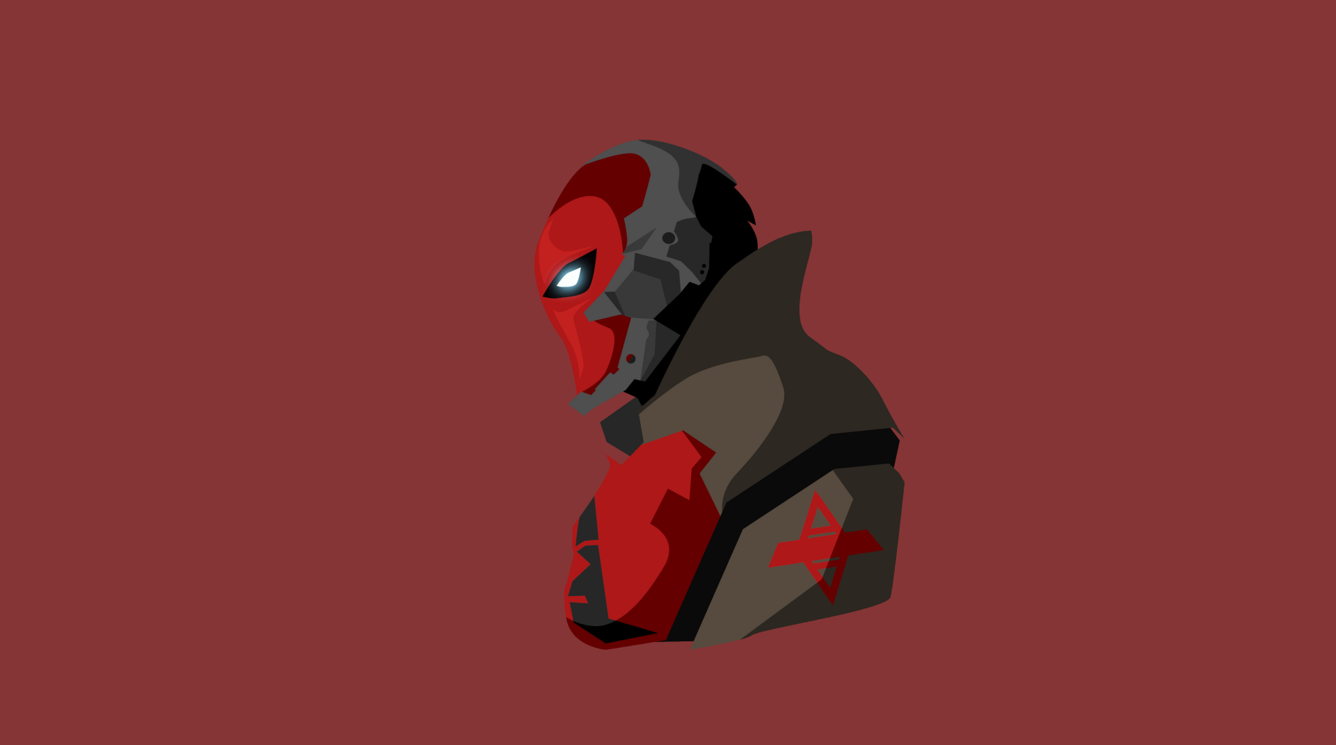 4K Ultra HD comic-style wallpaper featuring Red Hood in a sleek red and black mask with a dark hooded outfit against a solid maroon background.