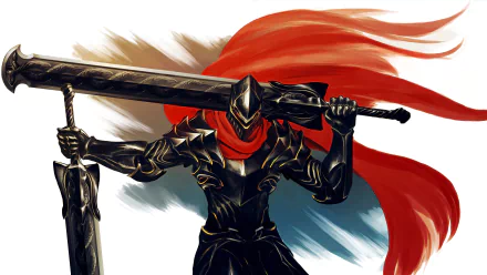 HD desktop wallpaper featuring Ainz Ooal Gown from the Anime Overlord, depicted as a fierce warrior in armor and a helmet, brandishing a large sword with a red flowing scarf in the background.