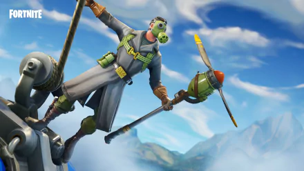 HD Fortnite Battle Royale PC desktop wallpaper featuring a character in tactical gear with a gas mask, holding a harpoon against a bright blue sky background.