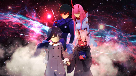 HD desktop wallpaper featuring Zero Two and Hiro from the anime Darling in the FranXX, set against a galaxy background with vivid colors and stars.