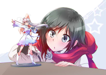 HD PC desktop wallpaper featuring anime characters Ruby Rose and Weiss Schnee from RWBY with vibrant colors and dynamic poses.