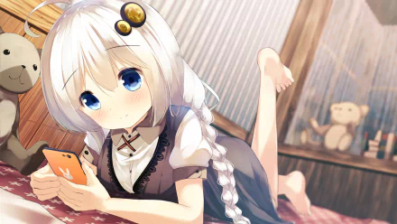 HD PC wallpaper of Chino Kafū from Is the Order a Rabbit — anime girl with braided white hair and blue eyes, lying on a bed and scrolling a phone, teddy in the background.
