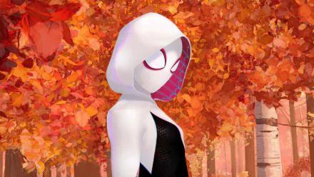 HD desktop wallpaper featuring Spider-Gwen from the movie Spider-Man: Into the Spider-Verse, set against a vibrant autumn forest background.