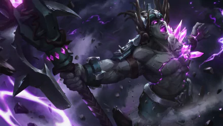 HD desktop wallpaper featuring Terminus from the video game Paladins, wielding a large axe and glowing with purple crystals, set against a dark, mystical background.