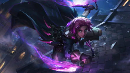 A woman warrior with pink hair, blue eyes, and short hair, dressed in a coat and boots, wields glowing daggers against a night backdrop in this HD desktop wallpaper of Maeve from the video game Paladins.