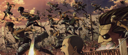 HD desktop wallpaper featuring an intense battle scene from the anime Attack on Titan, with soldiers using ODM gear against Titans, set against a dramatic sky.