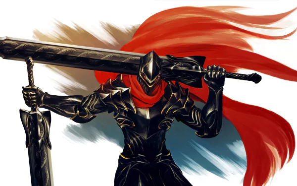 HD desktop wallpaper featuring Ainz Ooal Gown from the Anime Overlord, depicted as a fierce warrior in armor and a helmet, brandishing a large sword with a red flowing scarf in the background.