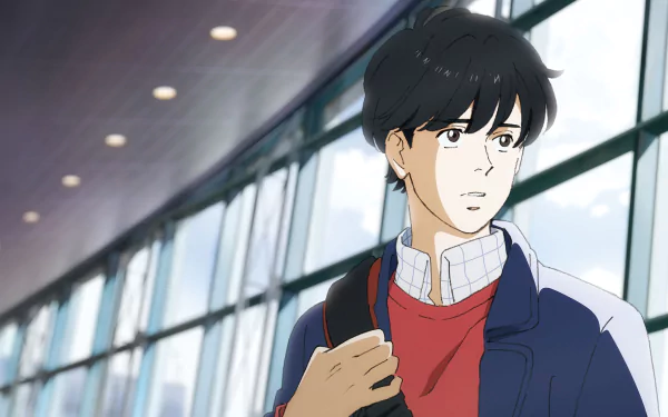 Eiji Okumura from the anime Banana Fish stands in a modern, glass-walled corridor, captured in vibrant detail for a 4K Ultra HD PC desktop wallpaper.