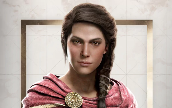 Close-up 4K Ultra HD PC wallpaper of Kassandra from the video game Assassin's Creed Odyssey, showcasing her detailed facial features and braided hair.