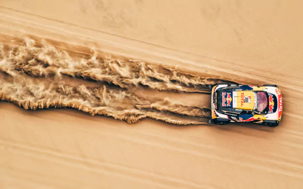 A 4K Ultra HD desktop wallpaper showing a rally race car kicking up sand as it speeds through a desert landscape.