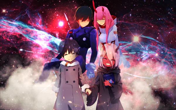 HD desktop wallpaper featuring Zero Two and Hiro from the anime Darling in the FranXX, set against a galaxy background with vivid colors and stars.