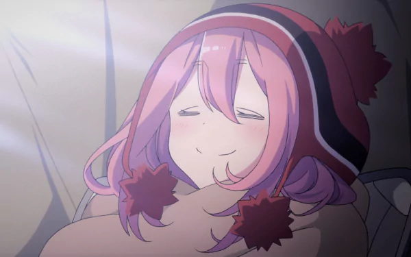 HD PC wallpaper of Nadeshiko Kagamihara from the anime Laid-Back Camp, peacefully resting with her eyes closed and wearing her signature winter hat.