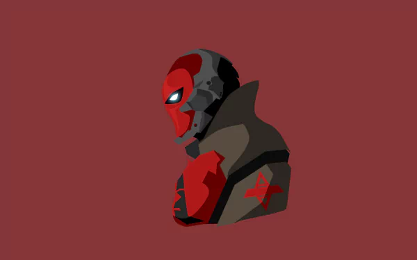 4K Ultra HD comic-style wallpaper featuring Red Hood in a sleek red and black mask with a dark hooded outfit against a solid maroon background.
