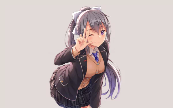Anime girl Higuchi Kaede with grey hair and purple eyes, wearing a school uniform, winking and making a peace sign. This HD desktop wallpaper features the popular Virtual Youtuber as a background.