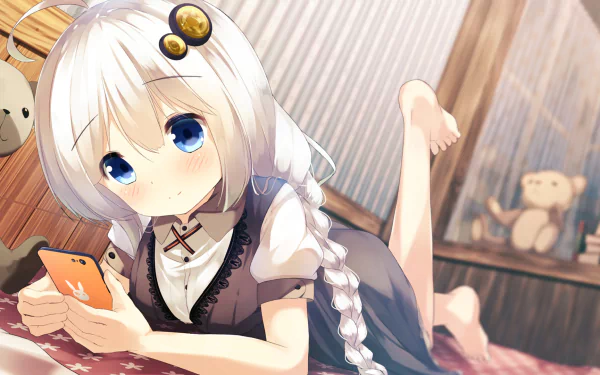HD PC wallpaper of Chino Kafū from Is the Order a Rabbit — anime girl with braided white hair and blue eyes, lying on a bed and scrolling a phone, teddy in the background.