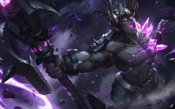 HD desktop wallpaper featuring Terminus from the video game Paladins, wielding a large axe and glowing with purple crystals, set against a dark, mystical background.