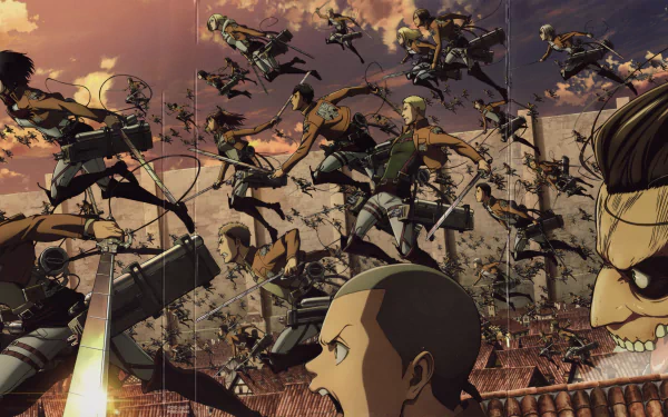HD desktop wallpaper featuring an intense battle scene from the anime Attack on Titan, with soldiers using ODM gear against Titans, set against a dramatic sky.