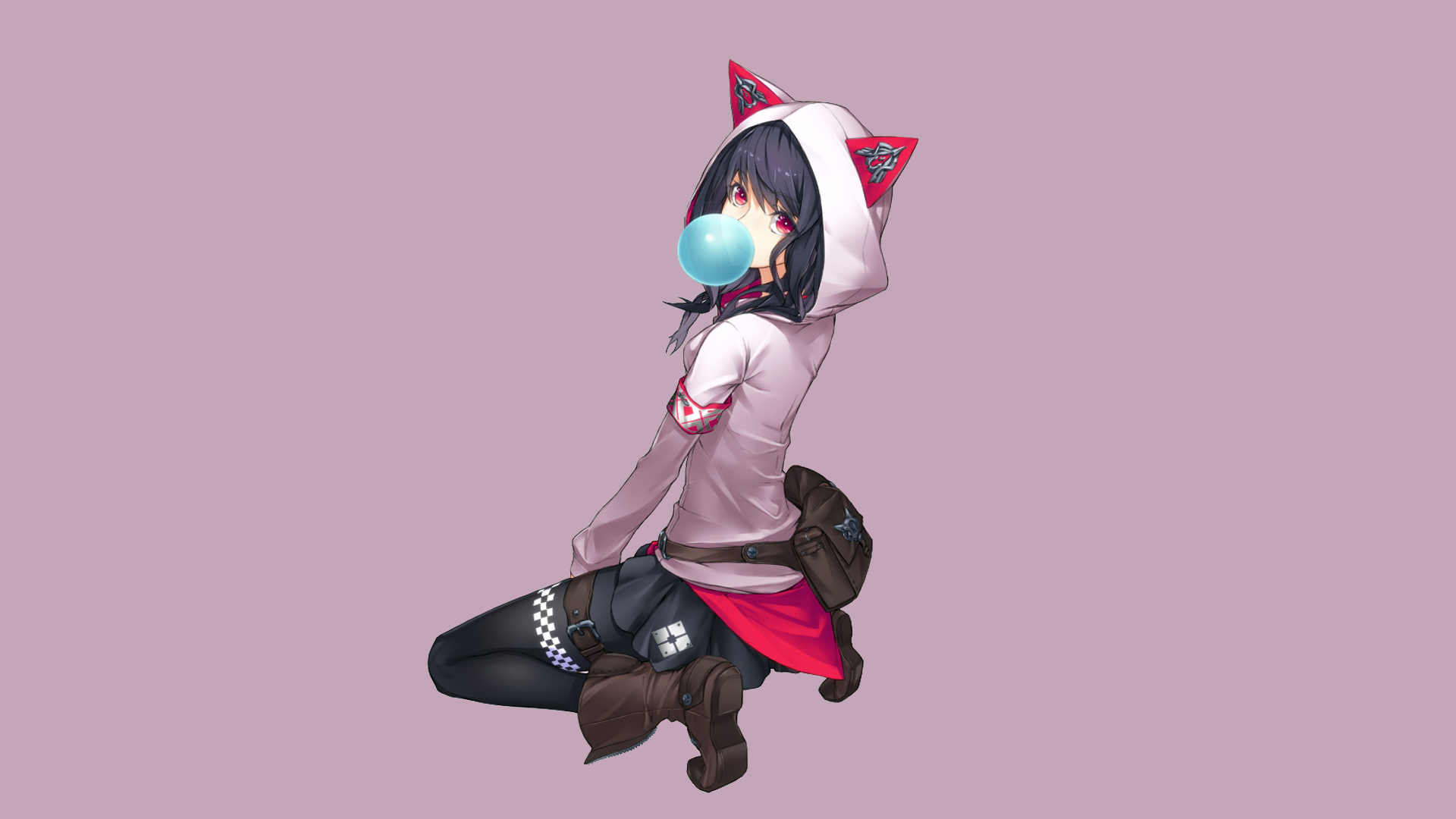 HD desktop wallpaper featuring an anime girl with red eyes and black hair, wearing a hooded jacket with cat ears, a skirt, and blowing a bubblegum bubble.