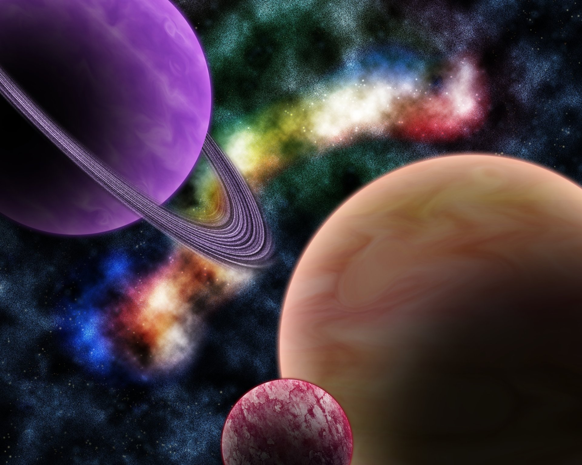 Colorful Sci‑Fi space scene: ringed purple planet, banded gas giant and pink rocky moon against a vivid nebula — 2K Quad HD PC desktop wallpaper background